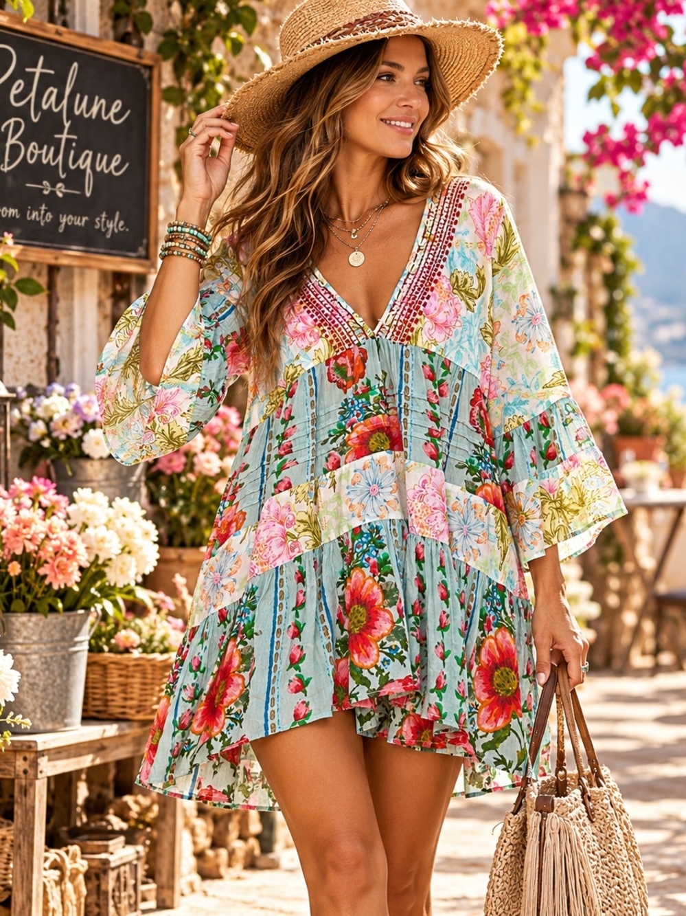 104 POL Boho Floral Patchwork Tiered Tunic Dress Bell Sleeve V Neck